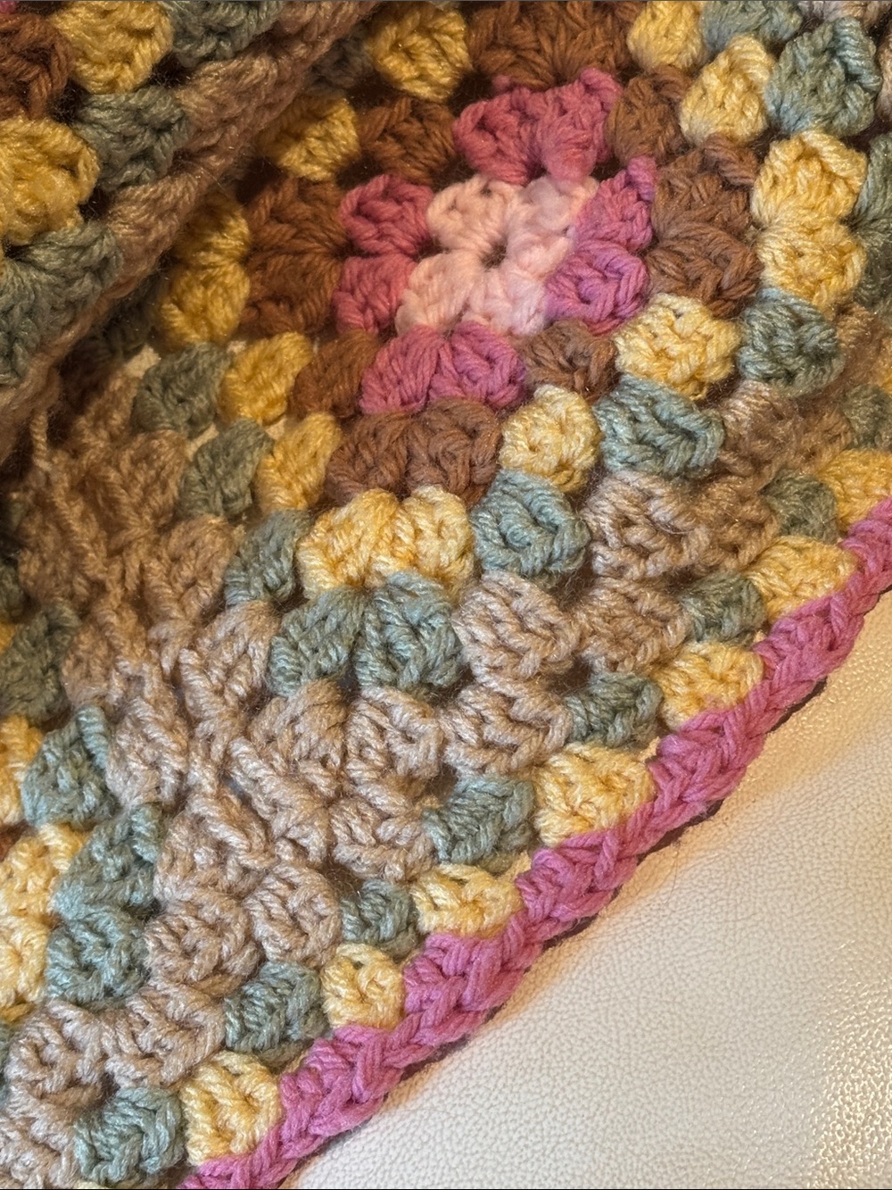 Handmade Blanket-Crocheted Granny Square-Pink/Brown/Green/Yellow-Gently Used - Picture 8 of 17